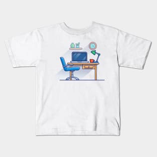 Work Bench, Desk, Laptop, Lamp, Plant, Cup, Clock And Floating Shelves Cartoon Kids T-Shirt